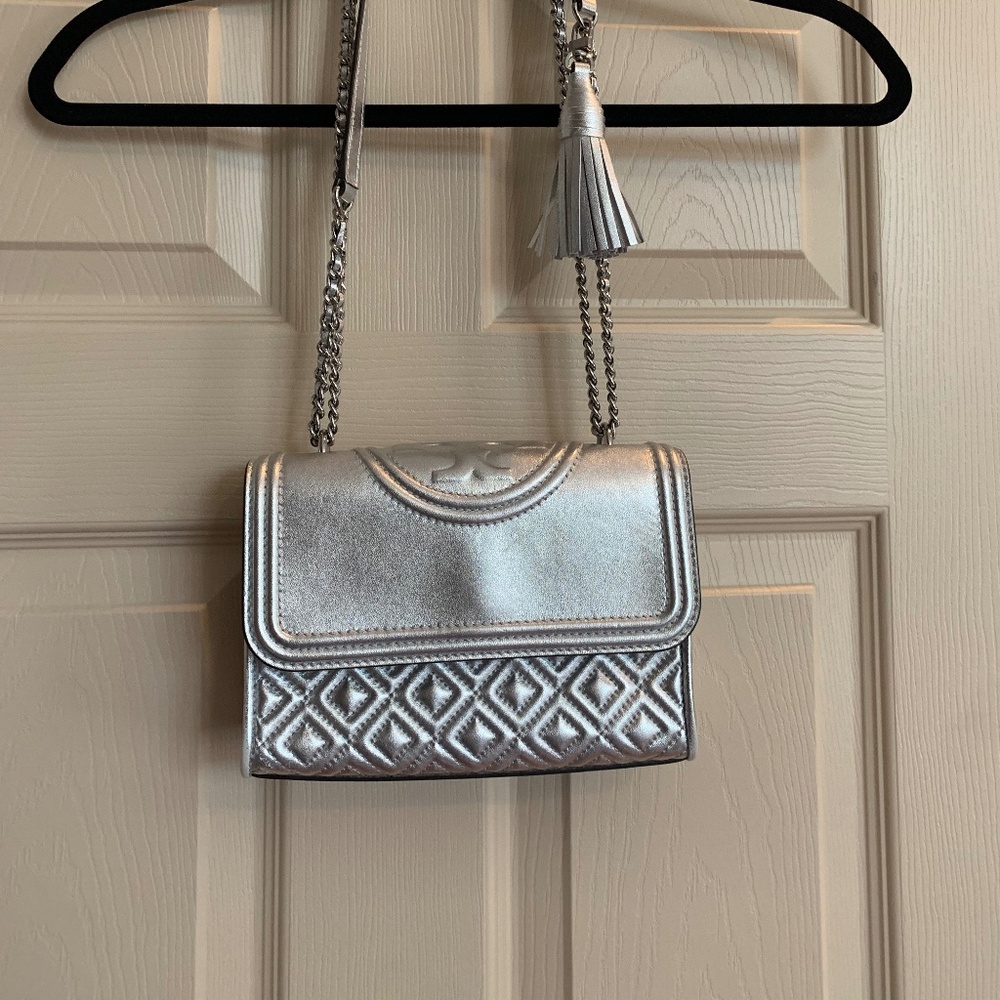Tory Burch Silver Small Fleming Shoulder Handbag